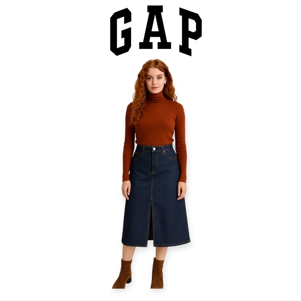 Gap Vintage Fall 2001 Indigo Midi Denim Skirt Size 0 Slit Hippy Boho Y2K EUC